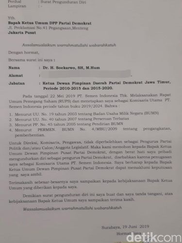 Ini Surat Pengunduran Diri Pakde Karwo dari Demokrat di 2019