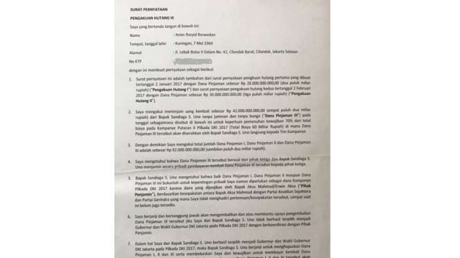 Beredar Surat Perjanjian Utang Piutang Anies ke Sandiaga Uno: Lunas Jika Menang Pilkada DKI