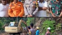 Personel Polsek Beutong Bersama masyarakat serta BPBD Bersihkan jalan Longsor di Desa Blang Puuk