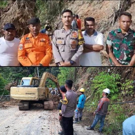 Personel Polsek Beutong Bersama masyarakat serta BPBD Bersihkan jalan Longsor di Desa Blang Puuk