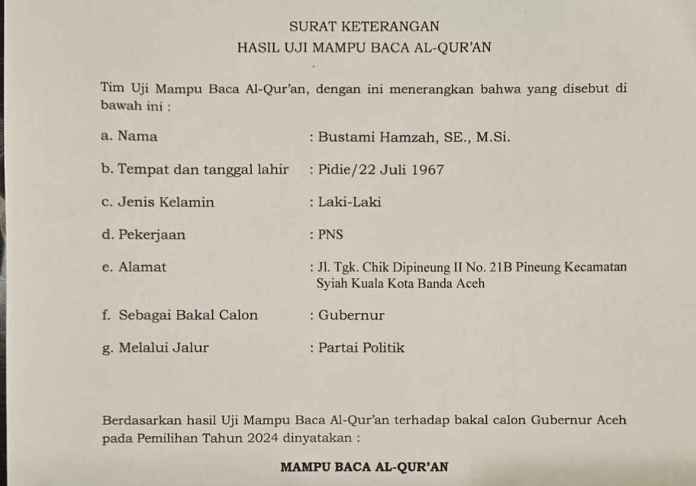 Seluruh Bacalon Gubernur/Wakil Gubernur Lulus Uji Baca Quran