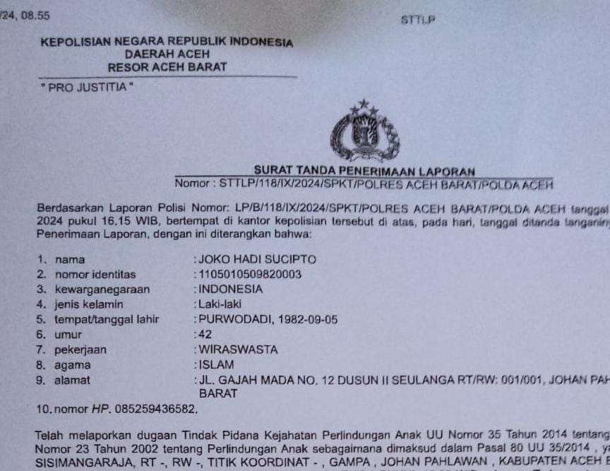 Diduga MB Aniaya Anak dibawah Umur, Ayahnya Lapor Pelaku ke Polres Aceh Barat