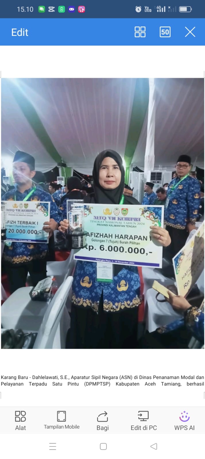 Pegawai Asn Pemda Aceh Tamiang Juara MTQ di Palangkaraya 