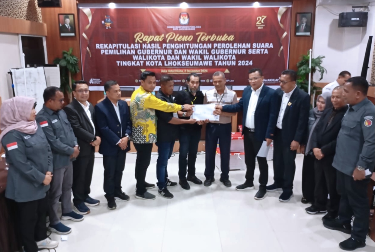 Rapat Pleno Terbuka Rekapitulasi Hasil Penghitungan Suara Pilkada 2024 Kota Lhokseumawe Resmi Selesai