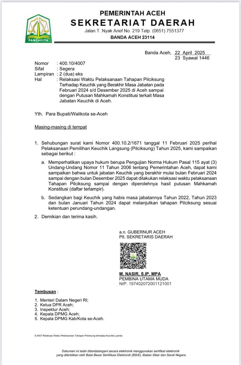 Sekda Keluarkan Surat Penundaan Pilchiksung di Seluruh Provinsi Aceh