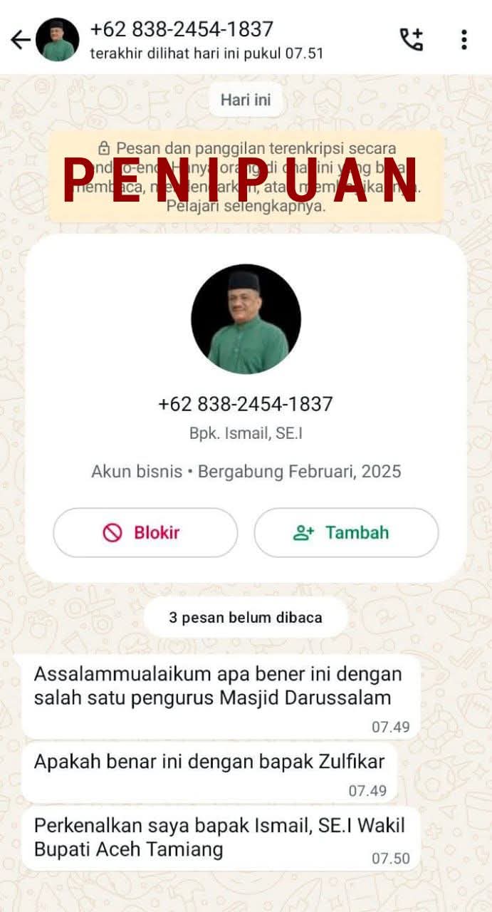 Nama Wabup Aceh Tamiang Dicatut, Warga Diminta Waspadai Penipuan Lewat Aplikasi Perpesanan