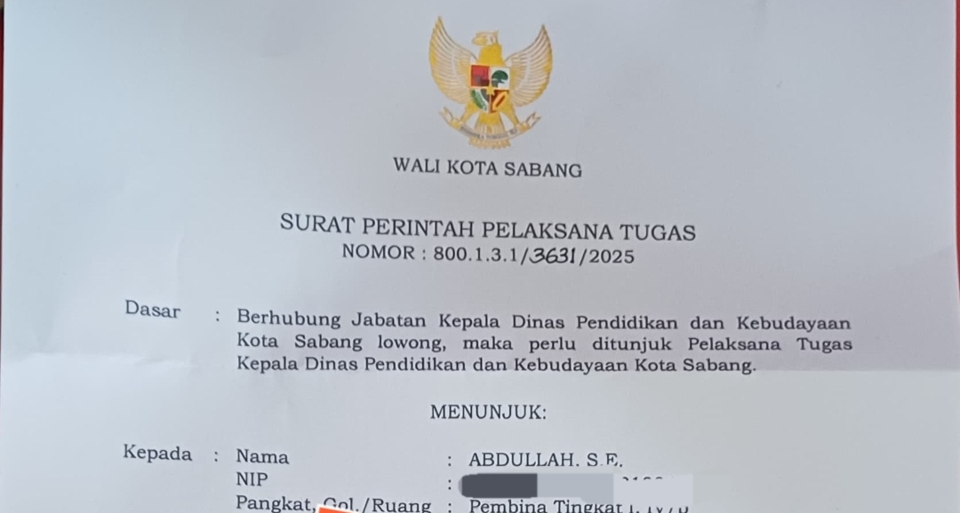 Abdullah Ditunjuk Jadi Plt Kadis Pendidikan dan Kebudayaan Sabang