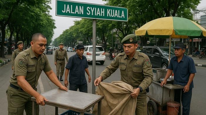 Berjualan di Bahu Jalan, Petugas Tertibkan Belasan PKL di Jalan Syiah Kuala