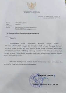 Wali Kota Langsa Minta Bank Aceh Syariah Tangguhkan Pembayaran Pembiayaan/Kredit bagi PNS